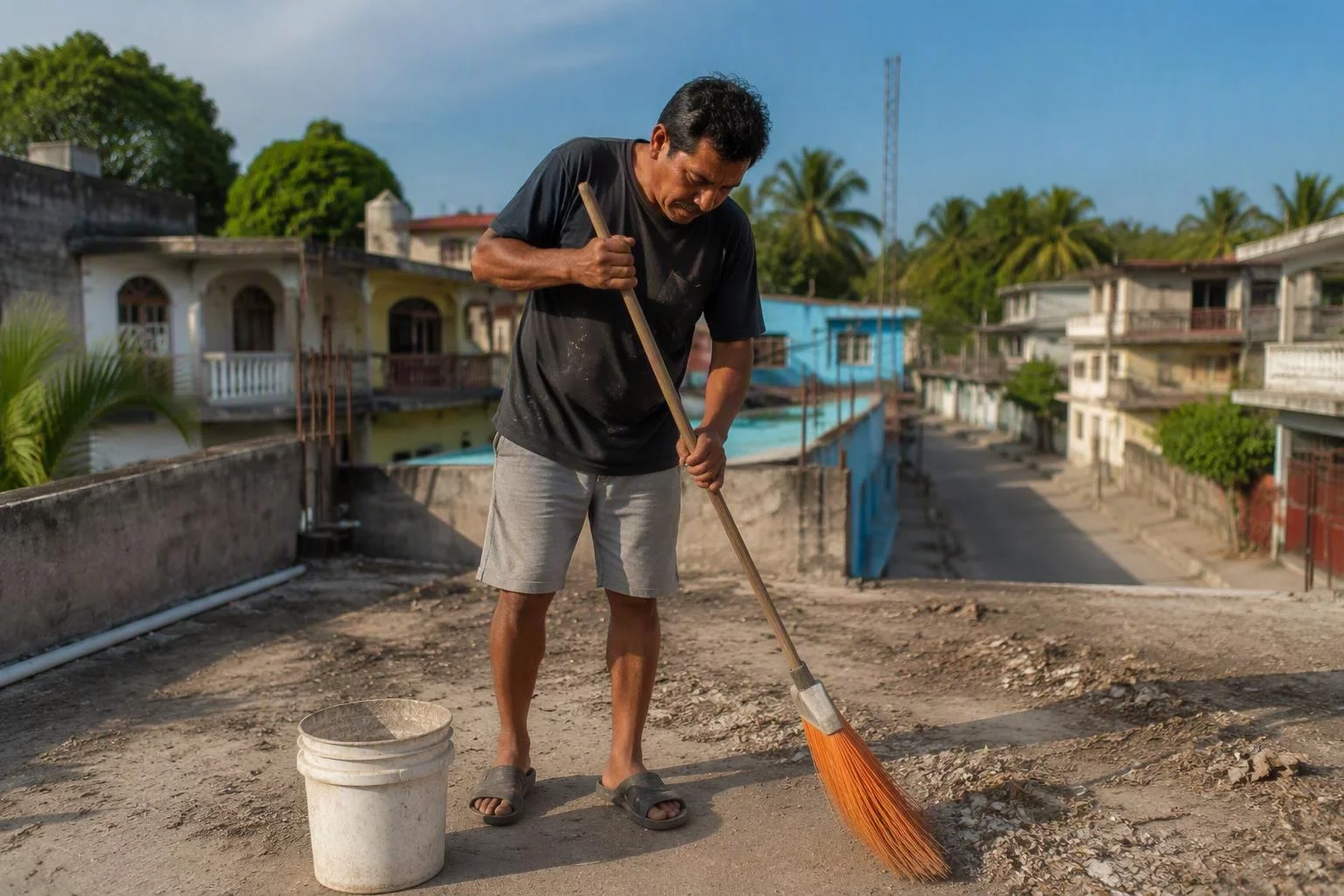 Un trabajador barre la losa de una azotea de concreto antes de la temporada de lluvias